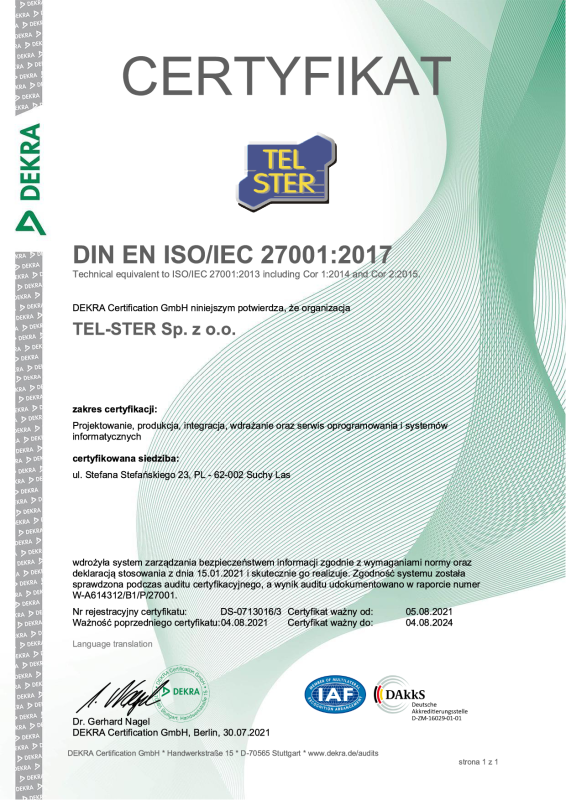 ISO 27001 | TEL-STER Sp. z o.o.