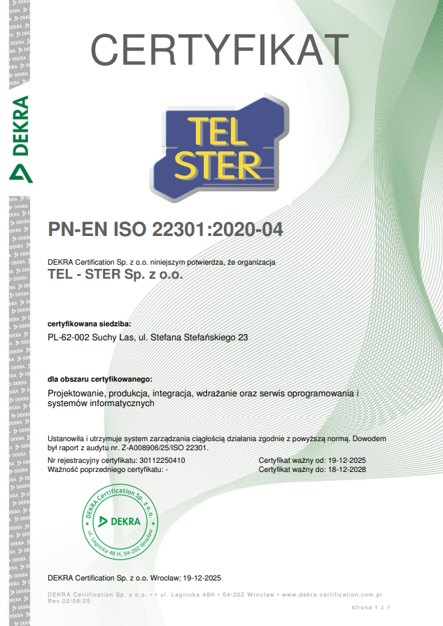 ISO 22301 | TEL-STER Sp. z o.o. ISO 22301 | TEL-STER Sp. z o.o.