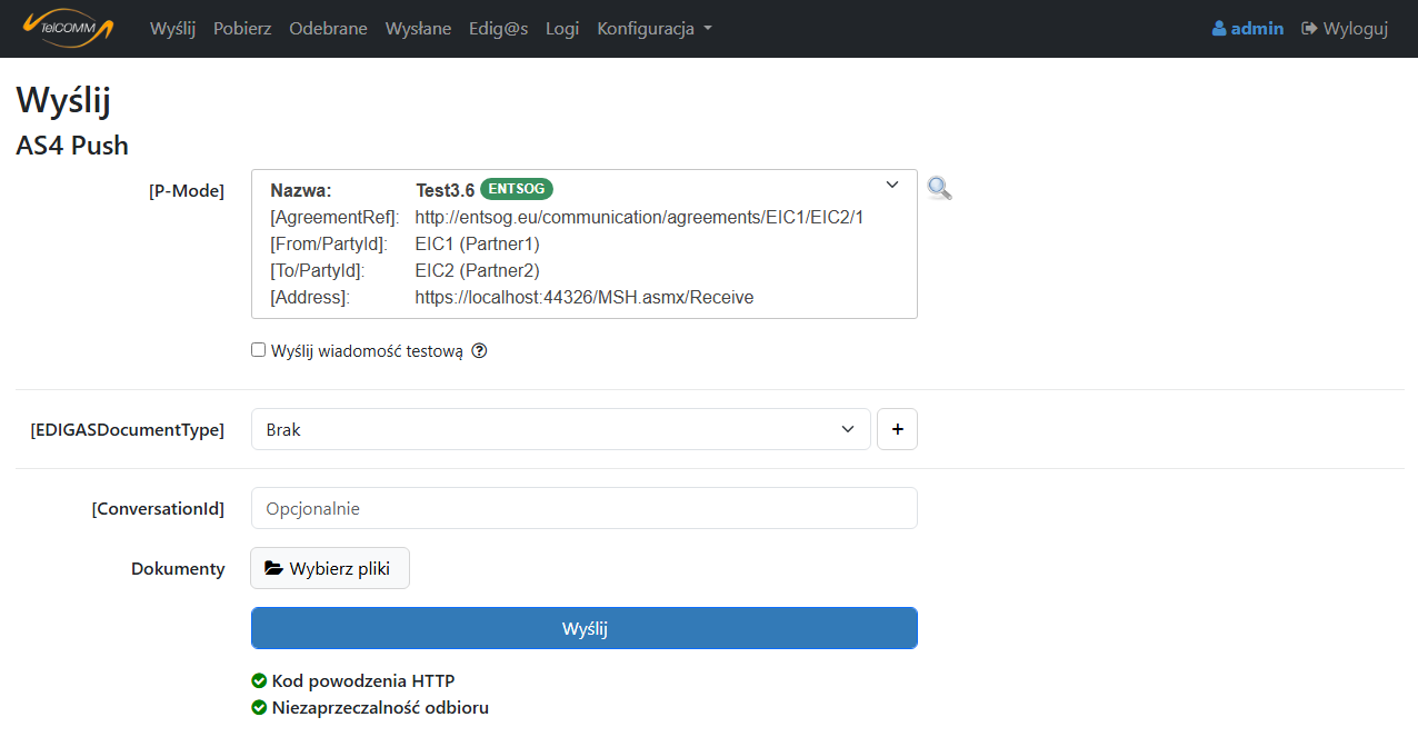 TEL-STER | TelCOMM | B2B | AS4 | EDIG@S | Ekran „Wyślij” – po analizie odpowiedzi Rysunek 1. Ekran „Wyślij” – po analizie odpowiedzi |protokół AS4 | AS4 | B2B| Edigas | EDIG@S